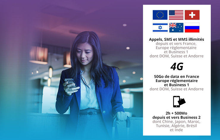 Appels et SMS illimités vers la zone France, Europe, DOM, USA et Canada - 50Go de Data en France et 5Go de Data en Europe, DOM, USA et Canada - 2ème SIM 10Go avec le hotspot mobile inclus